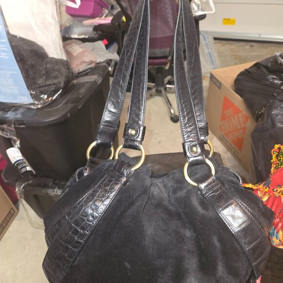 Donald J Pliner black suede and leather satchel tote with croc-embossed trim - Picture 1 of 7